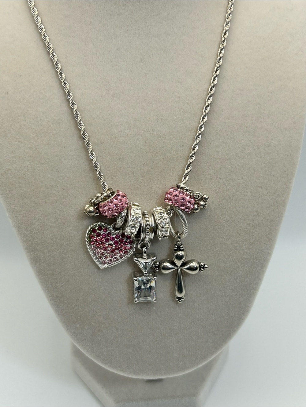 Sparkling Pink Crystals Charm Necklace Silver-tone Cross 30" Unsigned